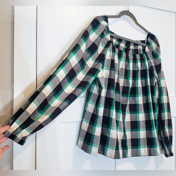 Ann Taylor Plaid Ruched Square Neck Top Size Large Black Green White Bra… - Picture 7 of 16